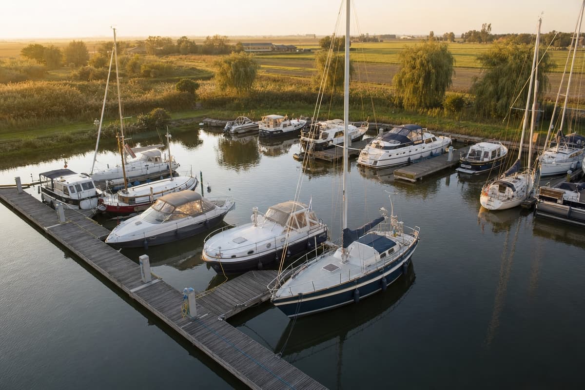 Jachthaven van bovenaf met steigers en stroompalen bij de ligplaatsen
