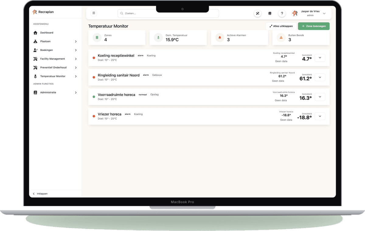Temperatuurmonitor in het RecraPlan-dashboard met koelingen, boilers en alarmen